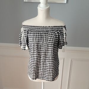 LOFT Black & White Gingham Off The Shoulder Short Sleeve Blouse Women's Size XS